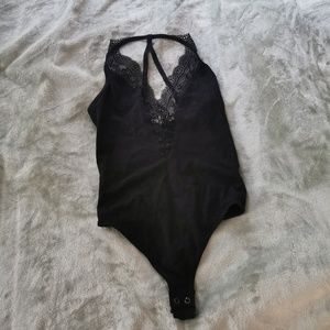 Black deep V thong body suit